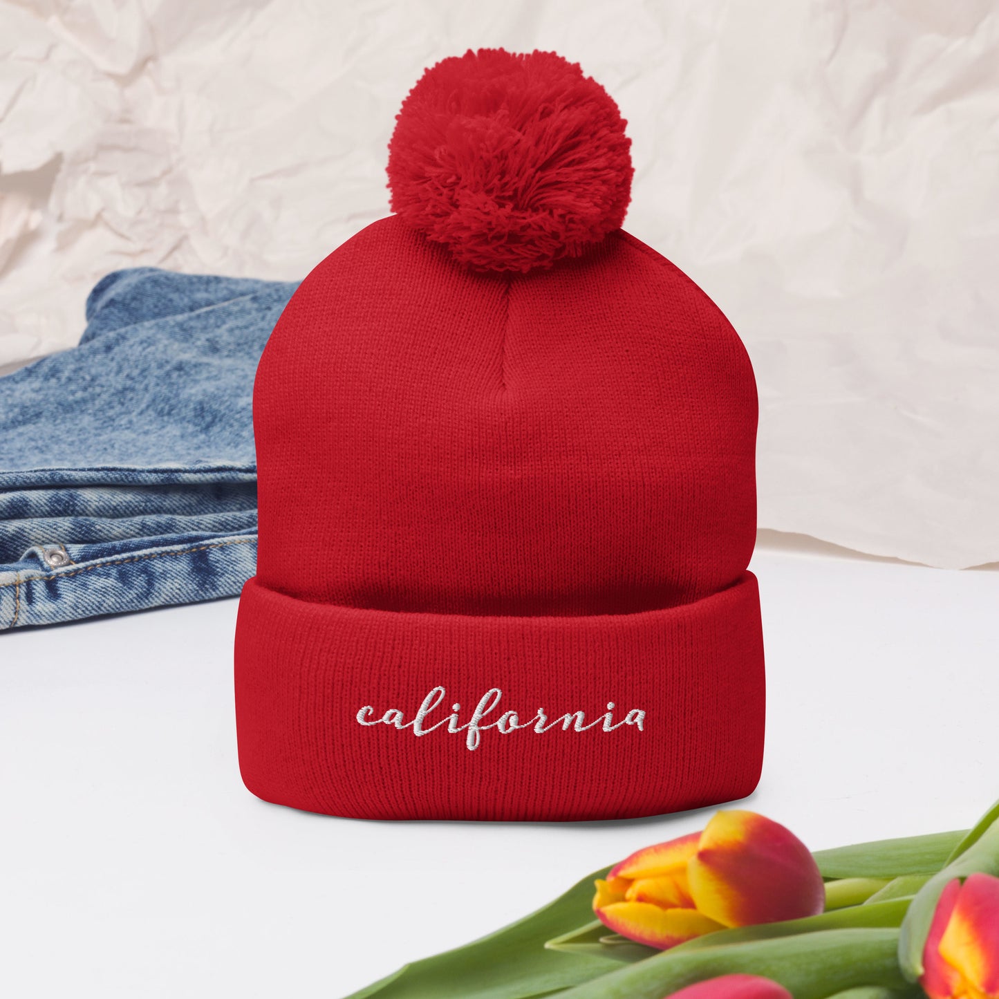 California | Pom-Pom Beanie | Embroidered