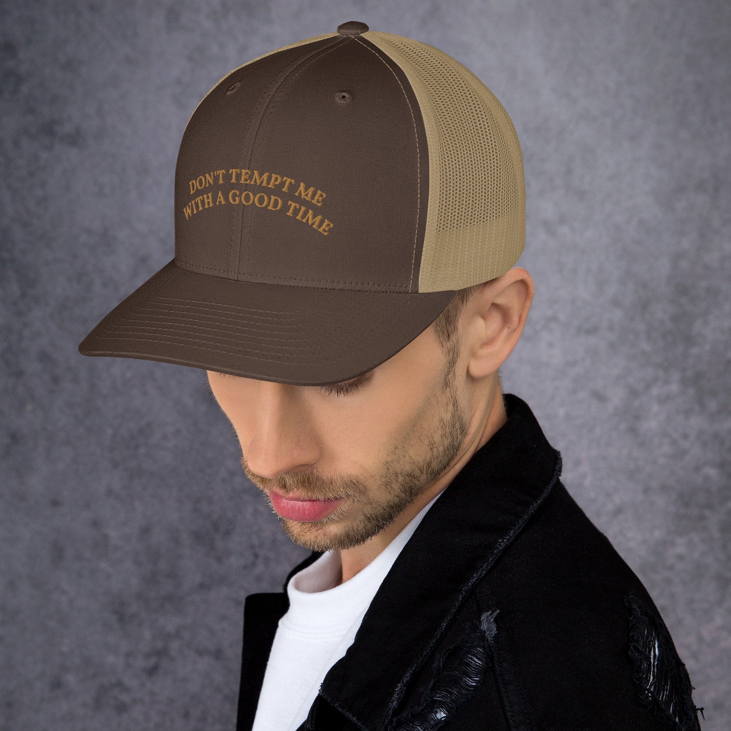 Don't Tempt Me With A Good Time | Retro Trucker Hat | Embroidered